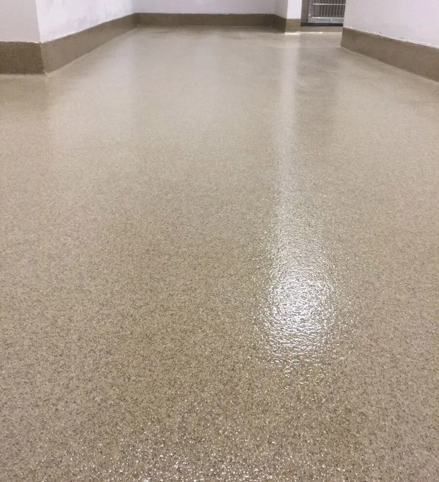 Professional quartz epoxy floor coating with subtle beige flake texture