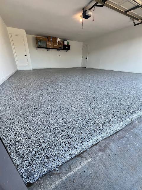 Close-up of a decorative flake epoxy floor finish